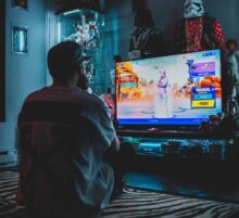 Young men playing video games