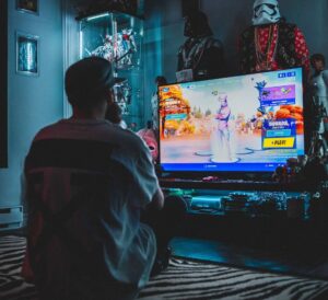 Young men playing video games